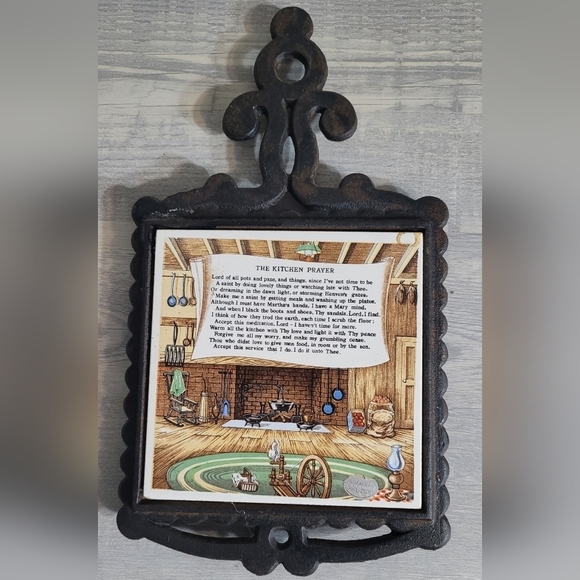 Enesco Other - Enesco Trivet Mid Century Cast Iron & Tile Japan The Kitchen Prayer Vintage